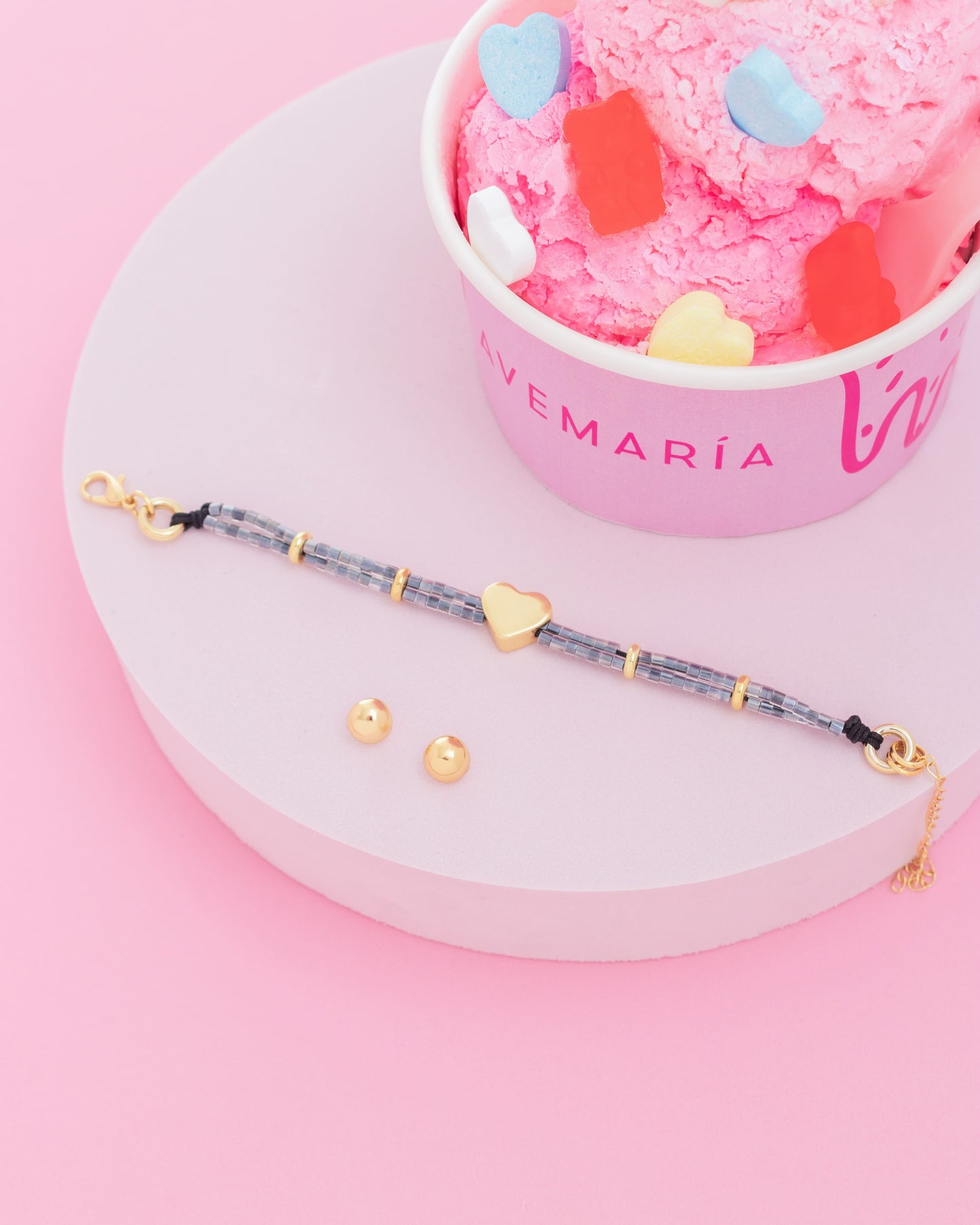 PULSERA BLACK CORAZÓN LISO + ARETES*