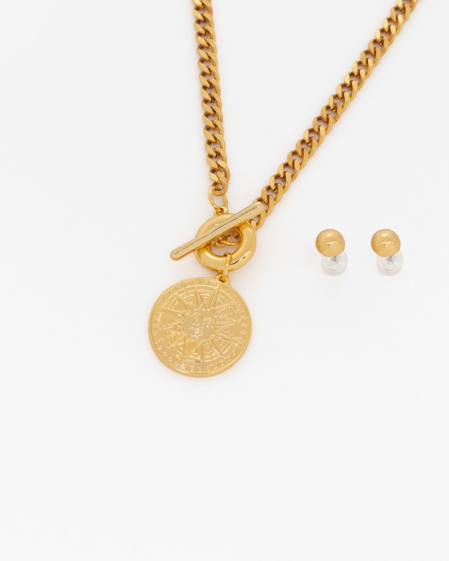 COLLAR BROCHE MEDALLA SOL + ARETES *