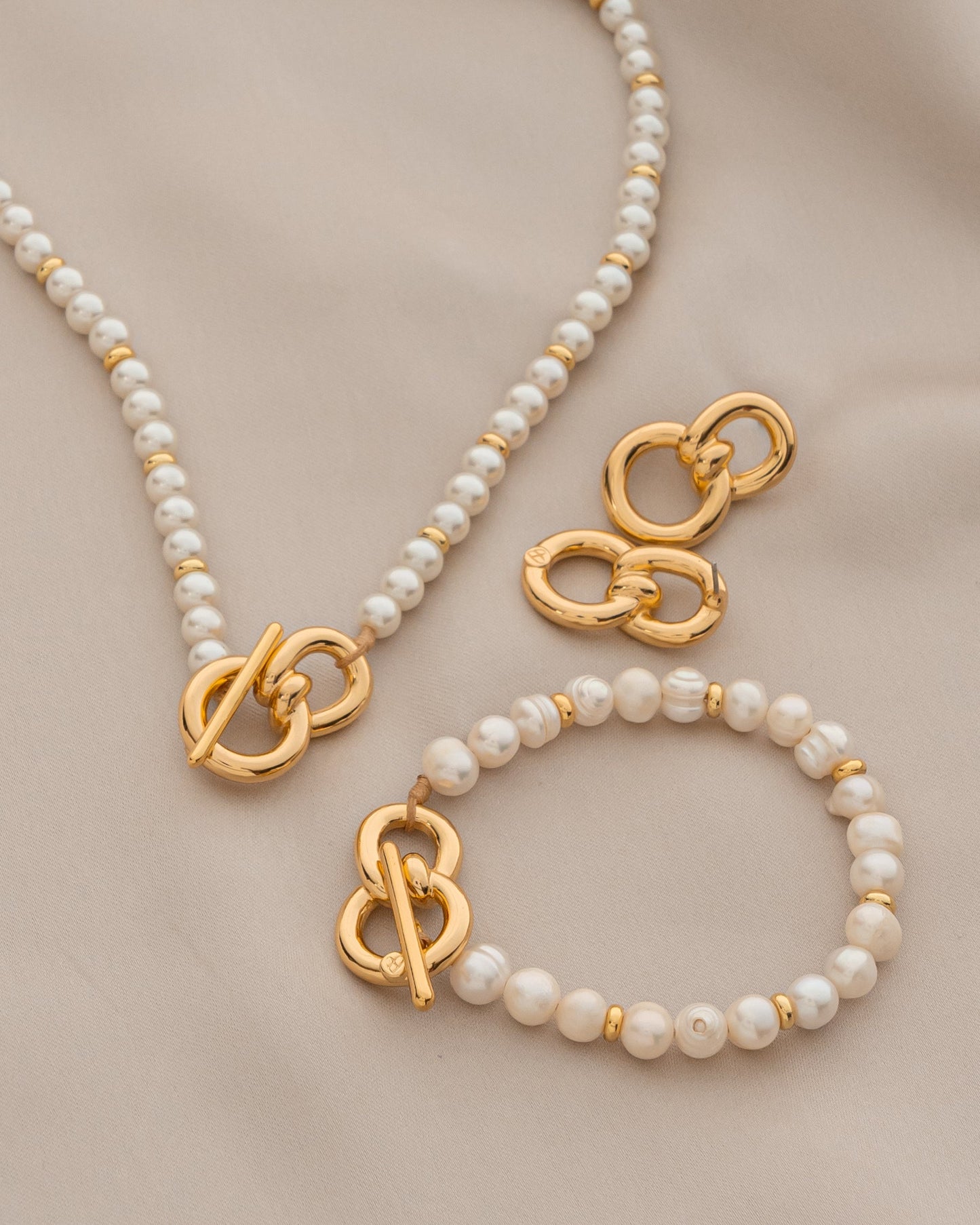 PULSERA PERLA ESLABÓN LAZO MAXI + ARETES