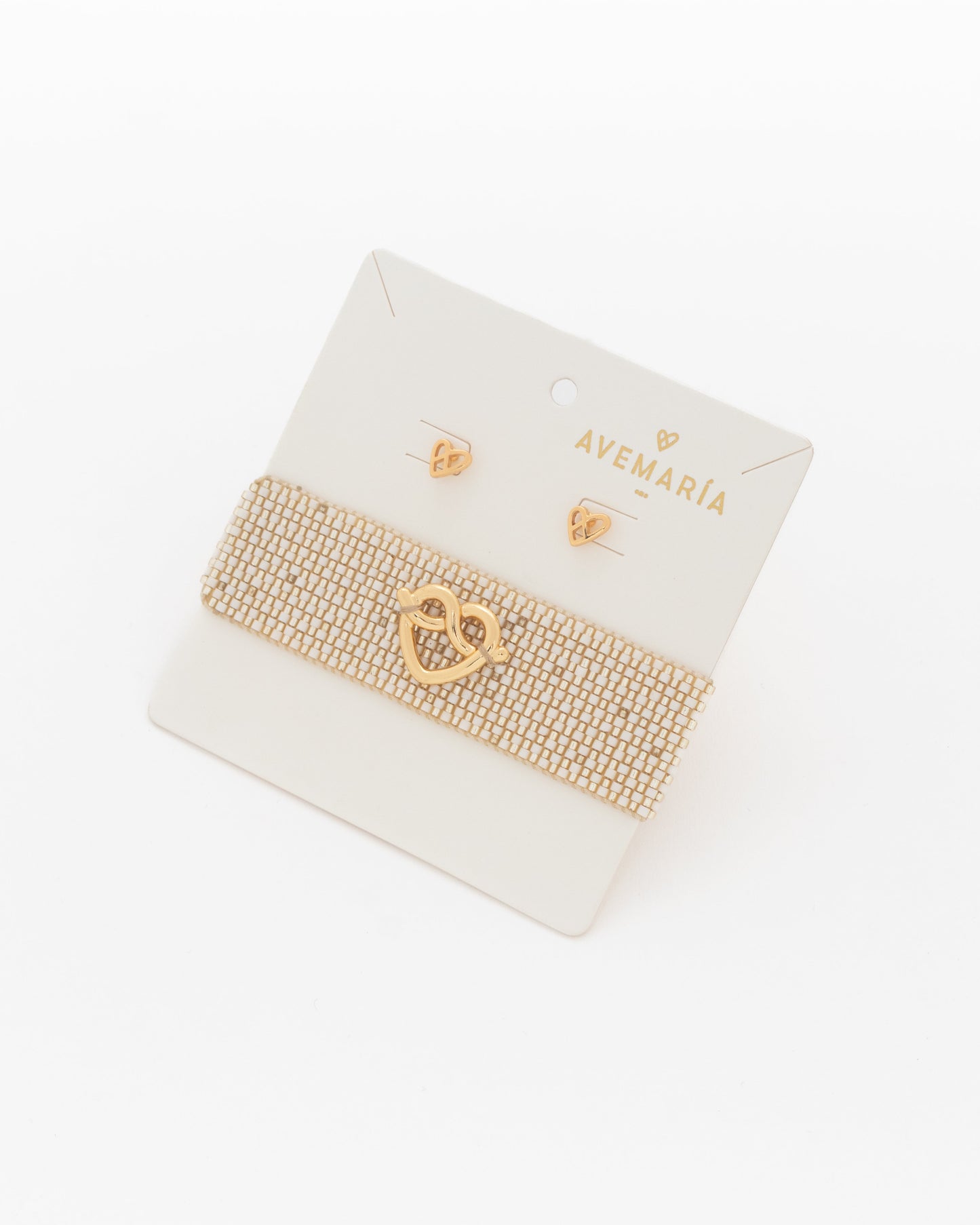 PULSERA TEJIDA CORAZÓN LAZO BOLD + ARETES