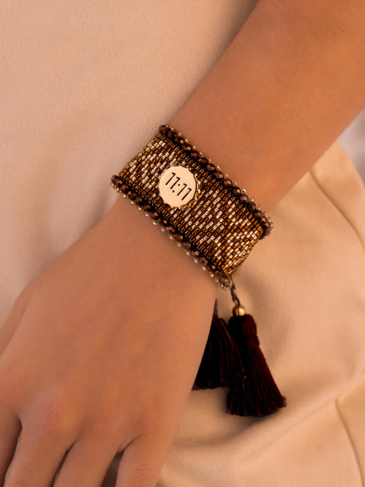 PULSERA TEJIDA BORLAS 11:11 + ARETES*