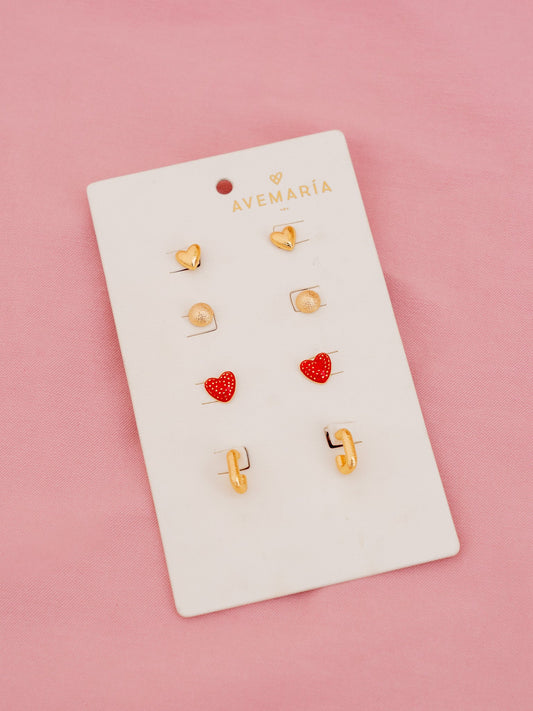 SET X4 ARETES CORAZÓN PUNTOS ROJO*