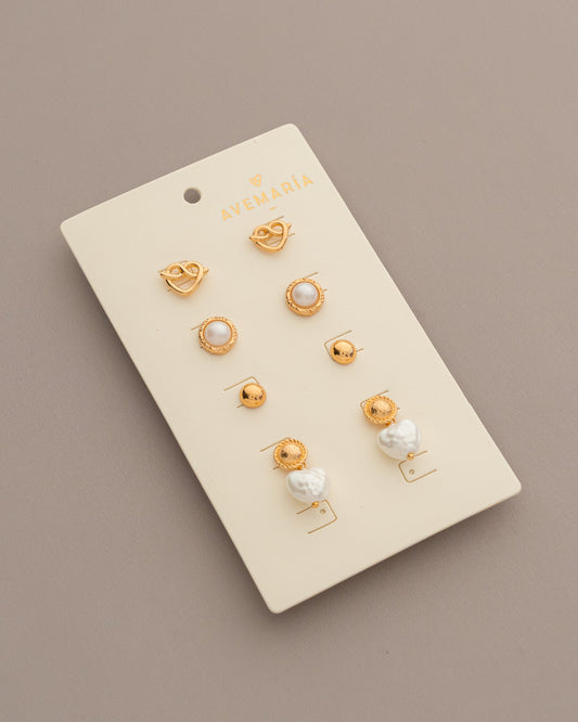 SET X4 ARETES CORAZÓN PERLA*