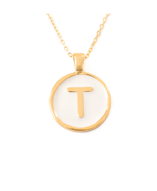 SET CADENA LETRA T BLANCO HUESO 18 MM + ARETES