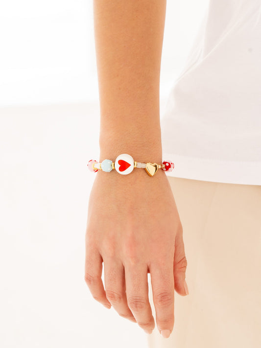 PULSERA CORAZONES COLORES + ARETES CORAZÓN GOLD