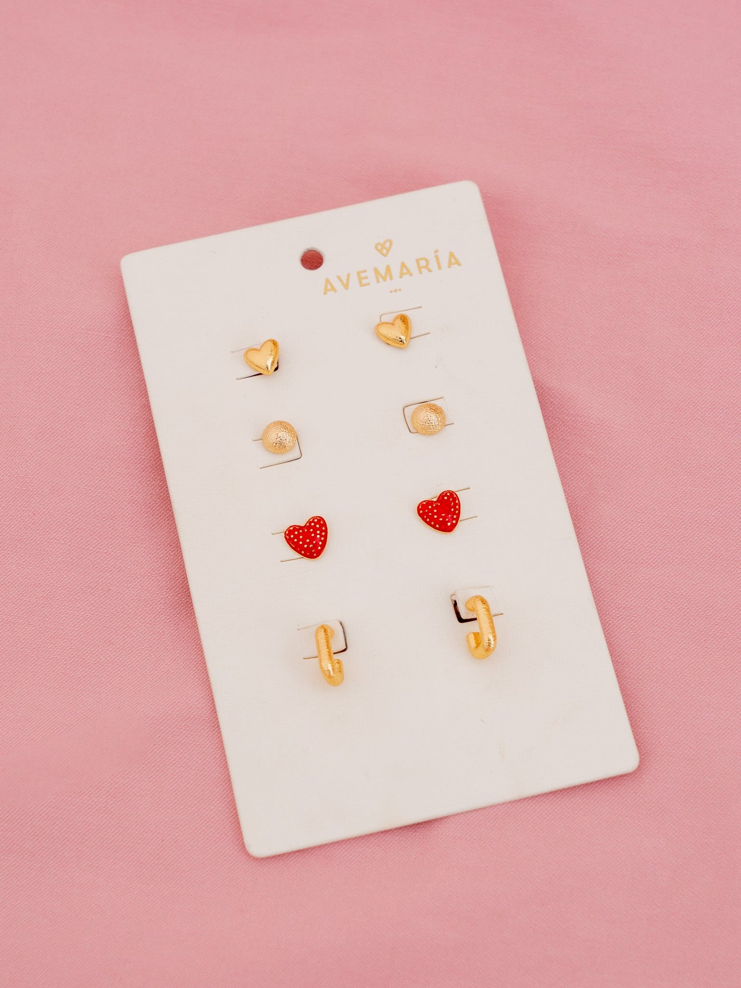 SET X4 ARETES CORAZÓN PUNTOS ROJO*