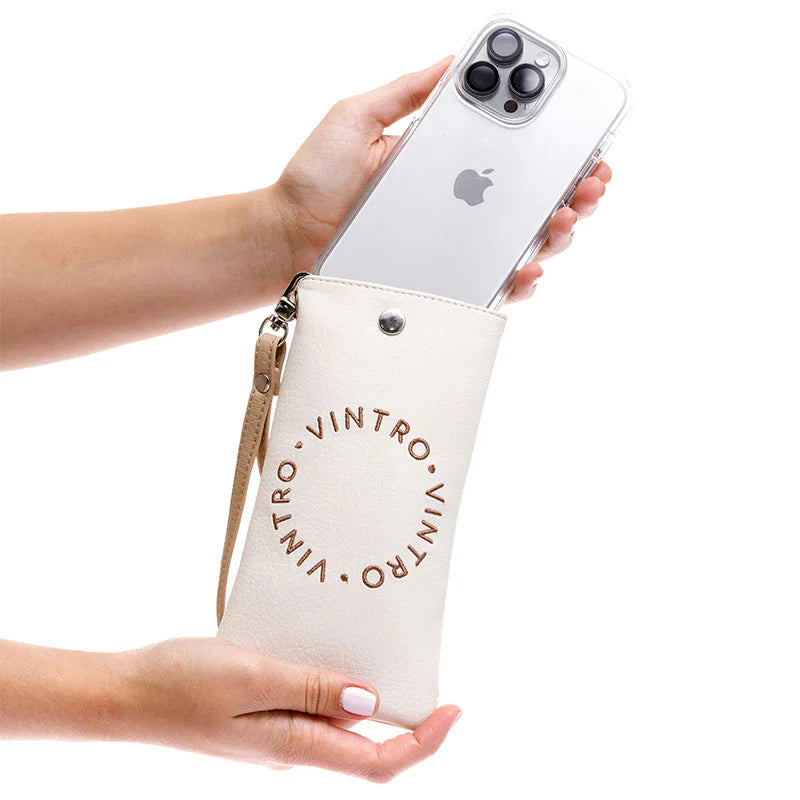 ESTUCHE DE GAFAS O CELULAR PARA MUJER BEIGE CON PULSERA Y BROCHE