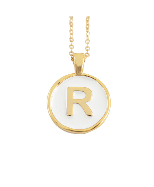 SET CADENA LETRA R BLANCO HUESO 18 MM + ARETES